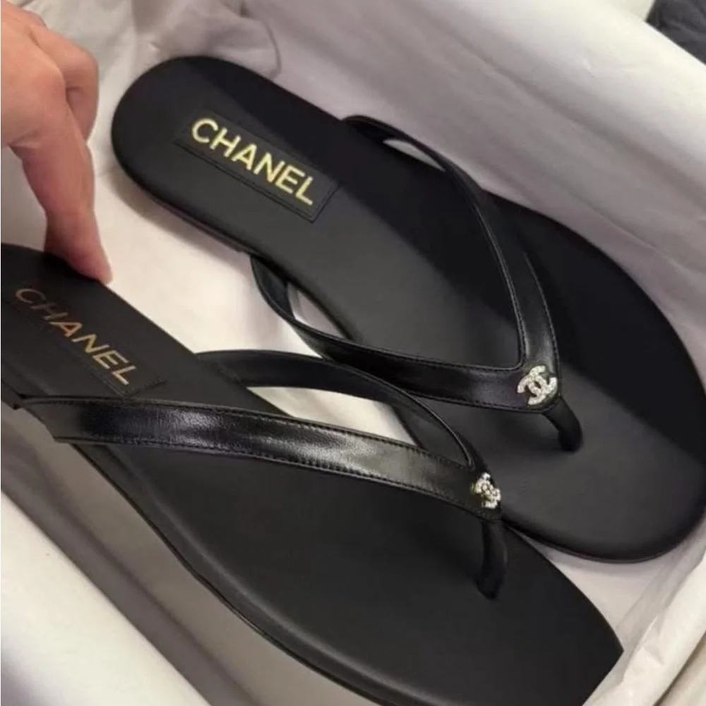 CHANEL | Shoes | Chanel Black Leather Flip Flops Size 38 | Poshmark